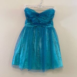 Hoco Strapless Mesh Teal Sparkly Mini Dress